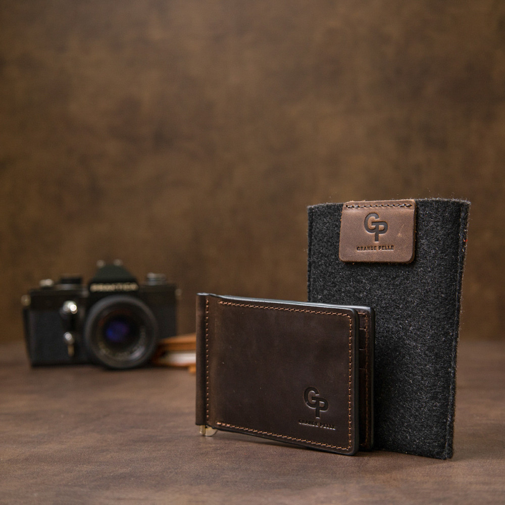 Вінтажний шкіряний затиск для грошей GRANDE PELLE 11473 Коричневий Київ - фото 1