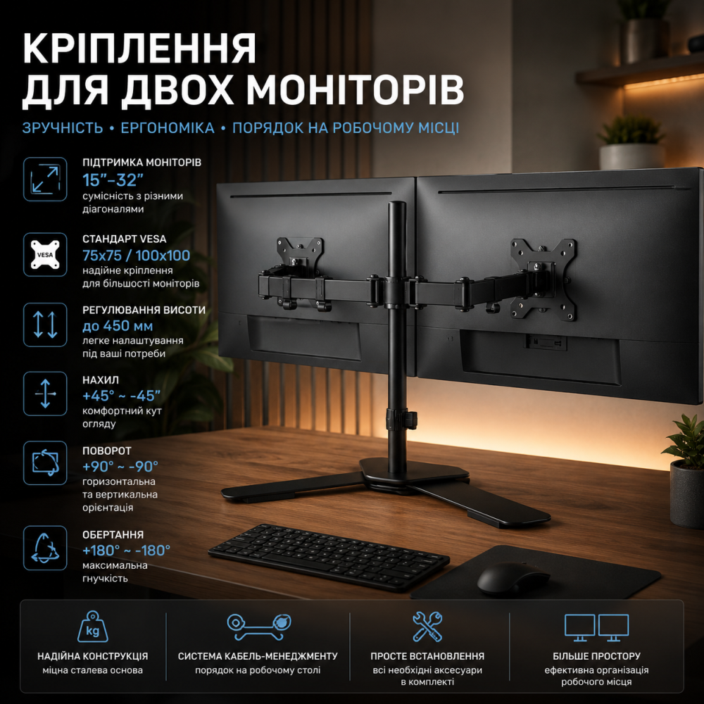 Настільне кріплення для двох моніторів 15–32" VESA підставка для 2 моніторів з регулюванням висоти, нахилу та повороту, чорна Київ - фото 9