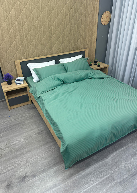 Комплект постельного белья Страйп-сатин Двуспальный 180х220 с простыней на резинке Бирюзовый (88-098) Киев - изображение 4