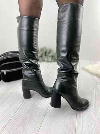 Injers Чоботи жіночі INJERS темно-зелені натуральна шкіра зима євро-хутро висота 41см каблук 8с Коломыя