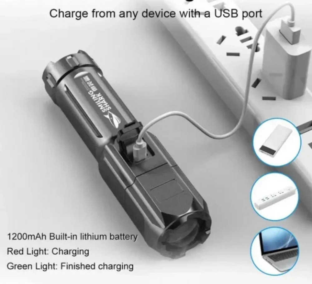 Светодиодный фонарик на акумуляторе USB телескопический 3 режима 13 на 3,5 см черный Киев - изображение 6