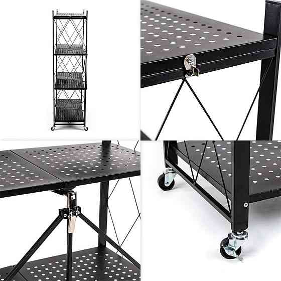 Стелаж мобільний чотириярусний універсальний розкладний з нержавіючої сталі 126х72х34см Чорний SW-00002098 Київ