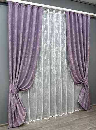 Комплект штор VR-Textil Жакард Мармур 150х270 2шт і Тюль 600х270 1764ш-1400т Бузковий з білим 71-020/5 Київ