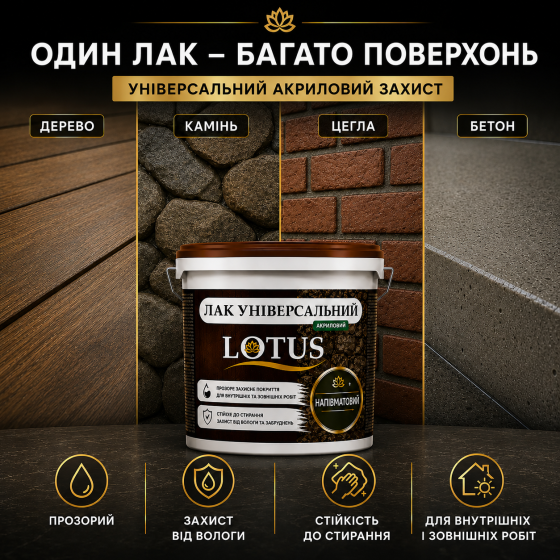 Лак універсальний акриловий LOTUS прозорий напівматовий без запаху зносостійкий для дерева, каменю, бетону та інших поверхонь 10 л Харків