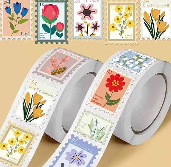 Наклейки декоративные марки с цветами 100 шт стикеры 2.5 см Киев