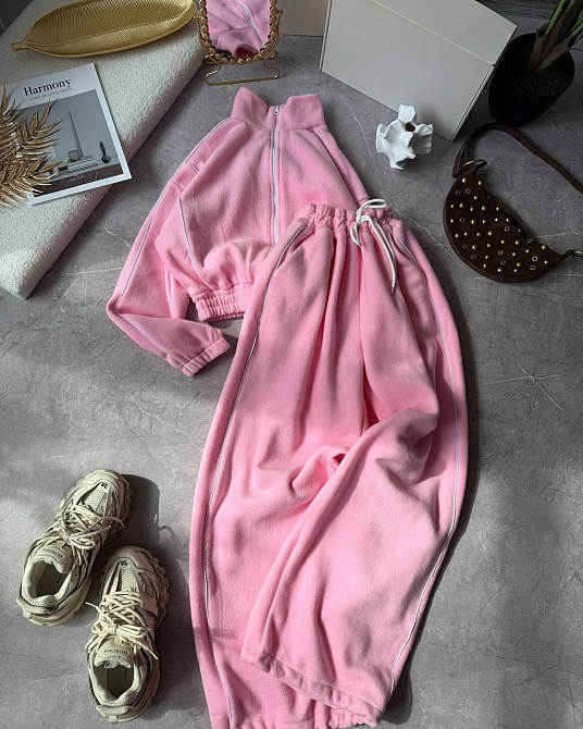 Теплий жіночий прогулянковий костюм із кантом двосторонній фліс. Рожевий Одеса - фото 3