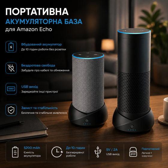 Портативная аккумуляторная база для Amazon Echo 2 / Echo Plus 1 поколение — беспроводная док-станция с USB выходом Киев
