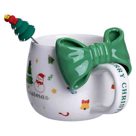 Yiwu Новорічна порцелянова чашка з ложкою Merry Christmas 400 (мл) Зелений Yiwu FM-CS-19B Коломия