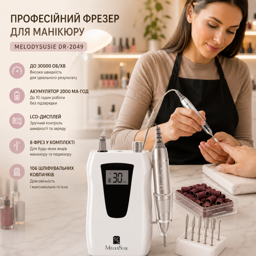 Уценка Профессиональный беспроводной фрезер для маникюра MelodySusie DR-2049, 30000 об/мин, LCD-дисплей, аккумулятор 2000 мА·ч, 8 Киев - изображение 7