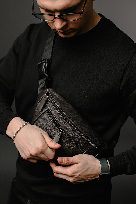 Чоловіча сумка-бананка на пояс з натуральної шкіри, коричнева SL032 (Коричнева) Суми - фото 3