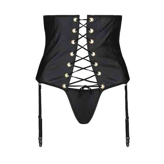Пояс-корсет из экокожи Passion CELINE SET with Open Bra 6XL/7XL, black, шнуровка, пажи, стринги Sex Aura Киев