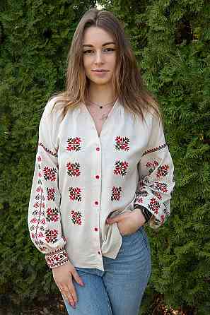 Жіноча сорочка з вишивкою, вишиванка з довгим рукавом натуральна лляна топ 52/54 Київ