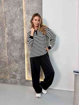 Женский стильный повседневный костюм поло на пуговицах, брюки палаццо тринитка. Графит Одесса