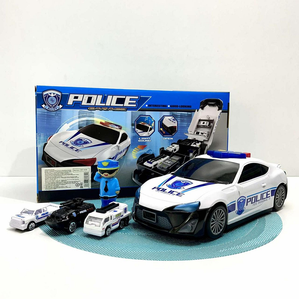 Набір з транспортом поліцейська Машина-гараж та 3 міні машинки звук світло (660-A206) Чернігів - фото 1