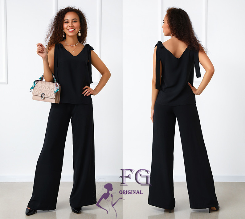 Літній жіночий костюм із широкими штанами "Ясмин" оптом | Норма та батал | Розпродаж моделі Чорний, 42 Київ - фото 1