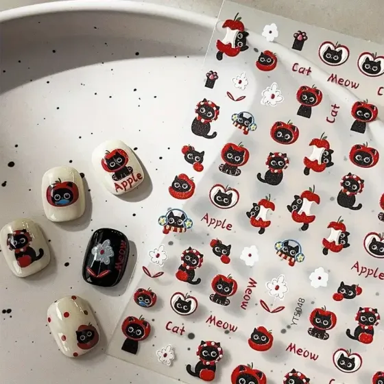 Наклейки для нігтів "Чорний кіт і червоне яблуко” — кавайні глянцеві наліпки для манікюру Київ