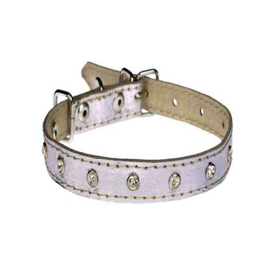 Нашийник 1244 12мм "Перламутр" шкіряний подвійний прикрашений стразами Срібний Вінниця