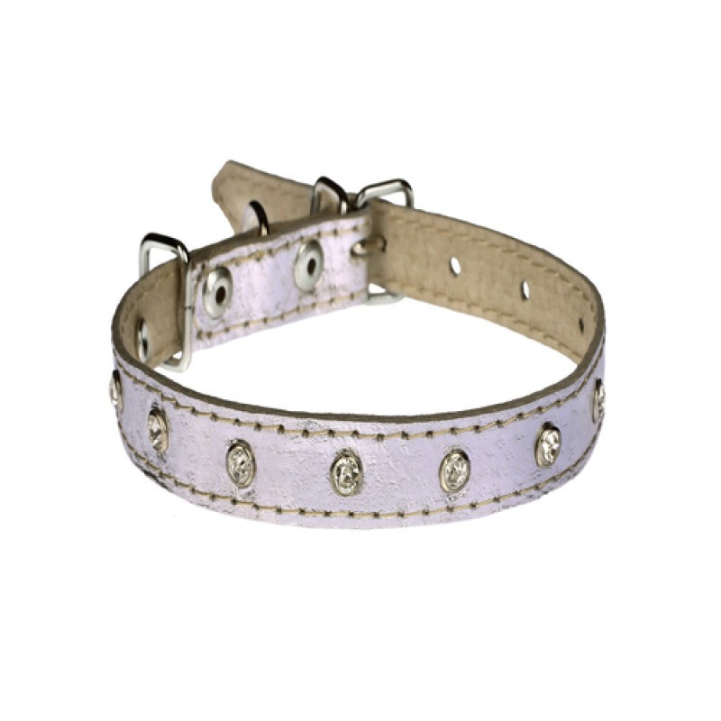 Нашийник 1244 12мм "Перламутр" шкіряний подвійний прикрашений стразами Срібний Вінниця - фото 1