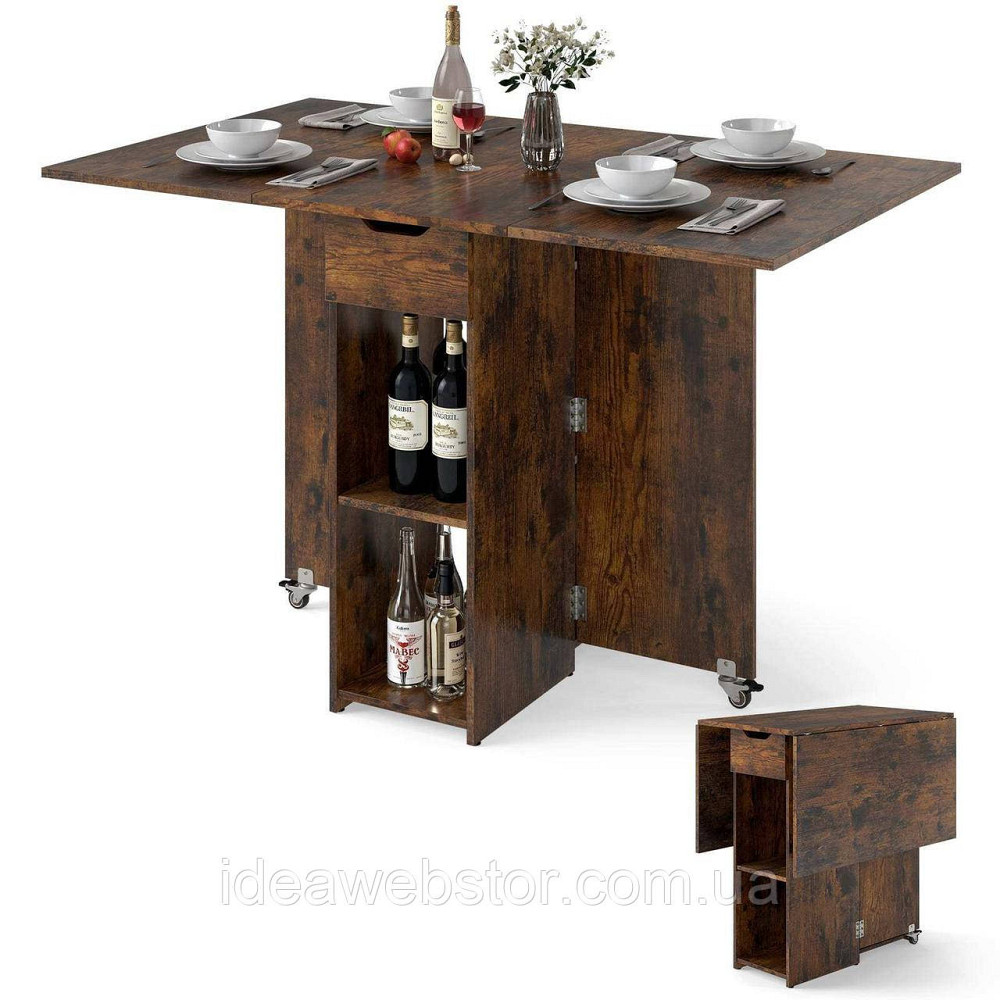 Складной обеденный стол трансформер Costway Compact Dining на колесиках с полками и ящиком компактный лофт коричневый Киев - изображение 3