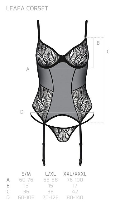 Корсет Passion LEAFA CORSET black L/XL, м'які чашки, затискачі для панчіх, стрінги в комплекті Sex Aura Київ - фото 5