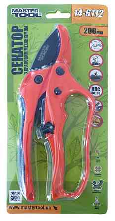 Секатор садовий MASTERTOOL з ковадлом храповий 200 мм ручки з алюмінію з покриттям TPR лезо тефлонове Mn65 Ровно