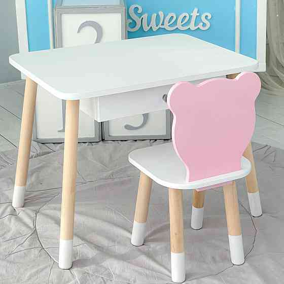 Детский столик белый и стульчик мишка розово-белый. Столик с ящиком для карандашей и разукрашек 21441 Киев