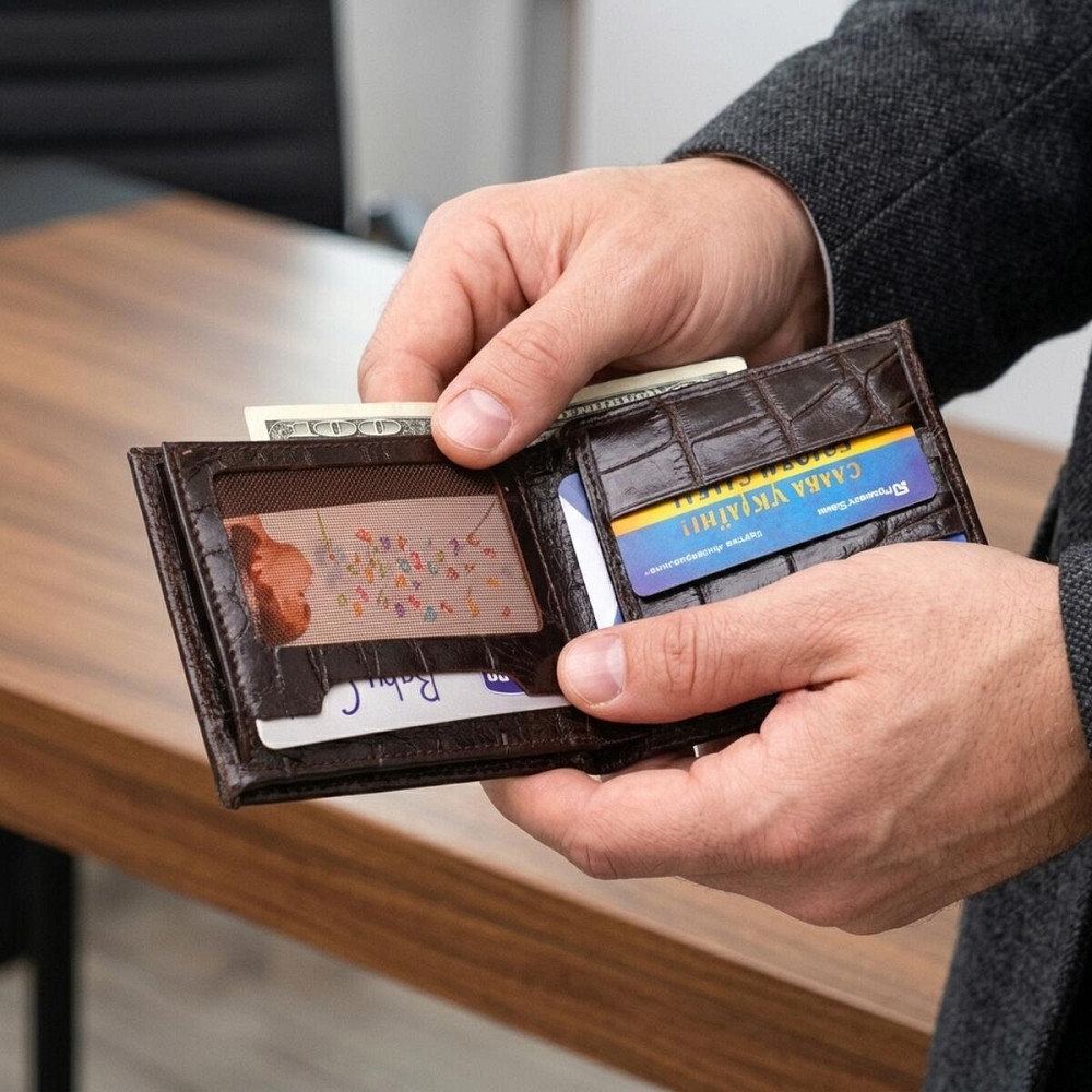 Фактурный мужской бумажник для денег из натуральной кожи с тиснением под крокодила CANPELLINI 21943 Коричневый Киев - изображение 11
