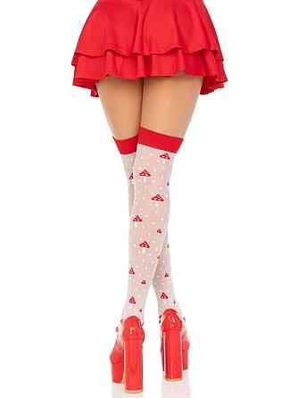 Панчохи Leg Avenue Polka Dot Mushroom Thigh Highs, One Size, біло-червоні, на резинці, малюнок — гриби Sex Aura Київ