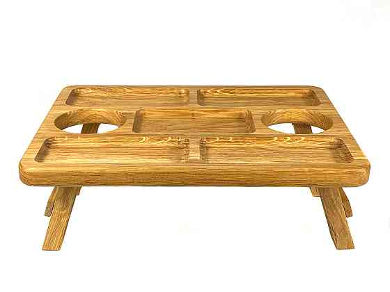 Деревянный поднос на ножках с местом для бокалов и 5 углублениями для закусок, 38*28*14 см, дерево Черешня Каменец-Подольский