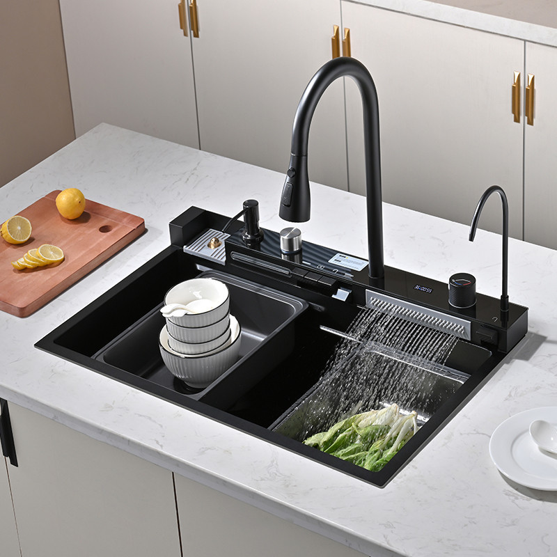 Кухонная мойка водопад Willda черная/Nano Black 75x46x22 см с панелью (220621103) Киев - изображение 1