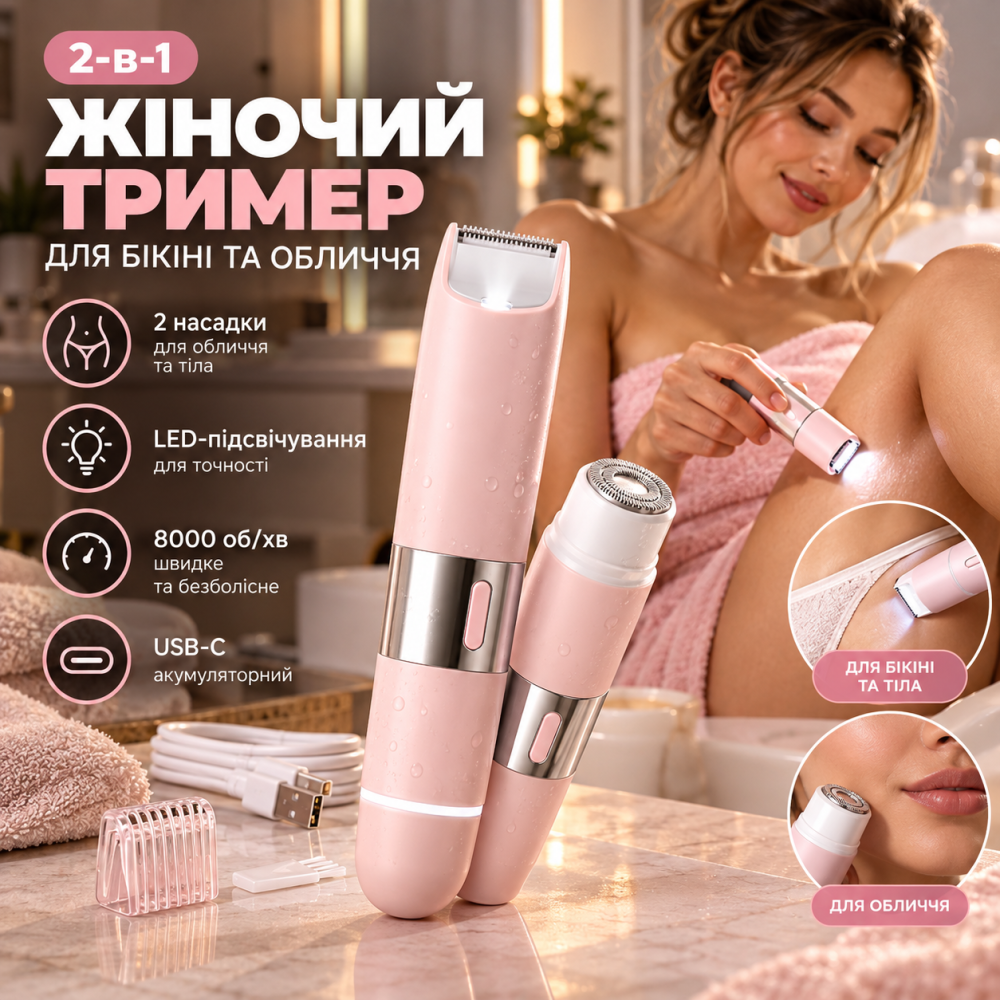 Женский триммер для бикини и лица HUPU 2-в-1, 2 головки, LED-подсветка, 8000 об/мин, USB-C, аккумуляторный Киев - изображение 2