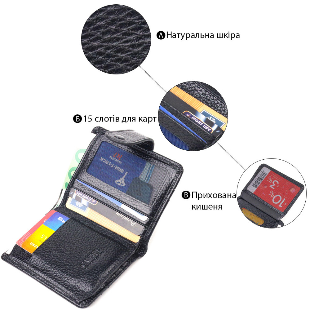 Стильний гаманець із натуральної зернистої шкіри Чорний (CANPELLINI) Київ - фото 8