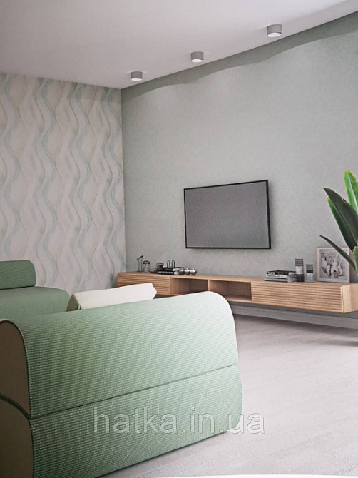Шпалери вінілові на флізелін гарячого тиснення Marburg Shades блакитні зелені сірі смуги хвилі на білому тлі Київ - фото 1
