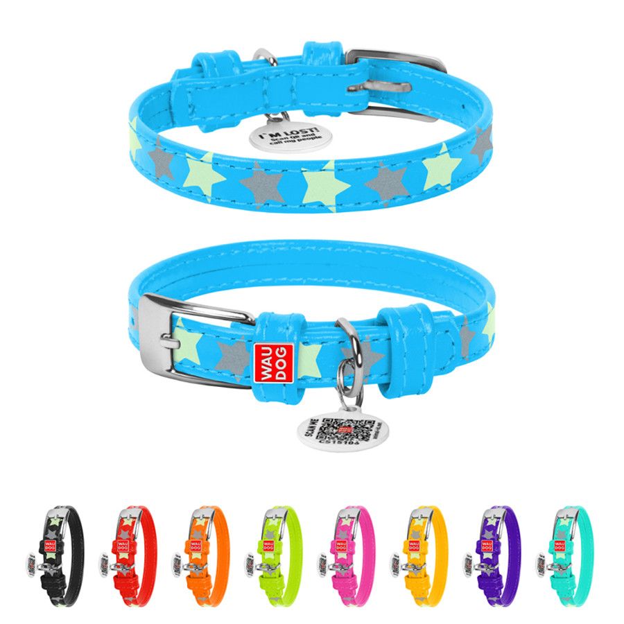 Нашийник для собак шкіряний WAUDOG Glamour з QR паспортом, візерунок "Зірочка", світлонакопичув Коломия - фото 1