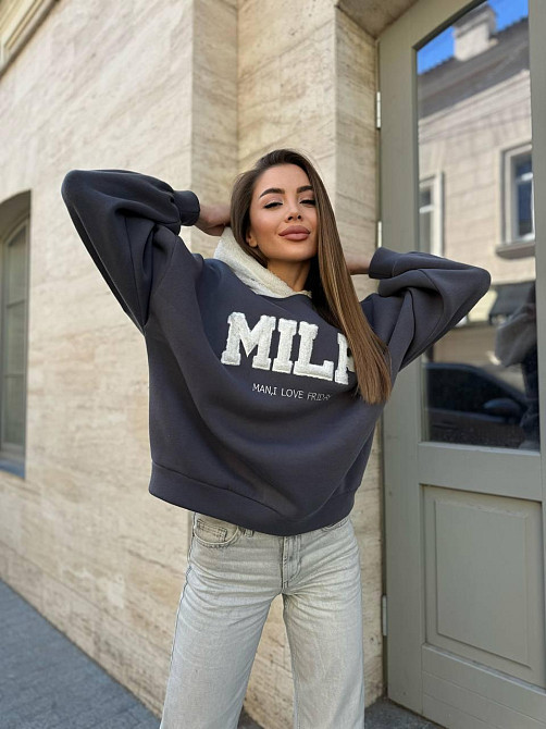 Женский стильный теплый свитшот тринитка на флисе (очень качественная)+трикотаж «Баранчик» Графит, 42/44 Одесса - изображение 4