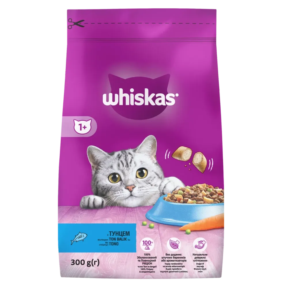 Повнораціонний сухий корм для дорослих котів Whiskas (Віскас) смачні подушечки з тунцем, 300 г Вінниця - фото 1