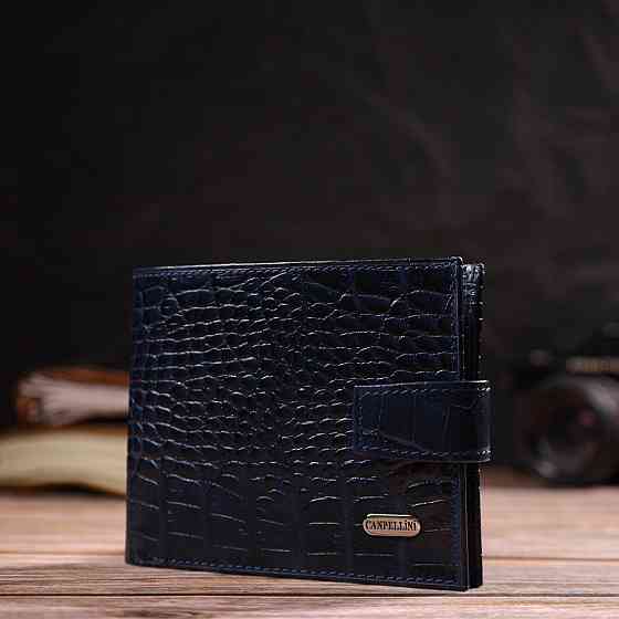 Містке горизонтальне портмоне для чоловіків з натуральної шкіри з тисненням під крокодила CANPELLINI 21883 Синє Київ