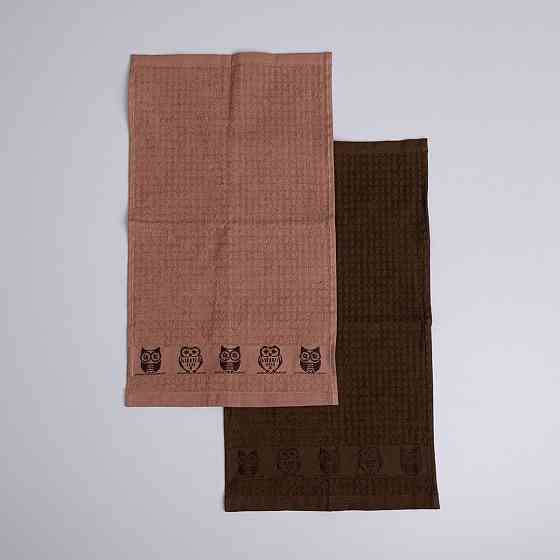 Набор кухонных махровых полотенец 2шт GM Textile 30x50см, 30x50см Совы 400г/м2 (Бежевый/Коричневый) Сумы