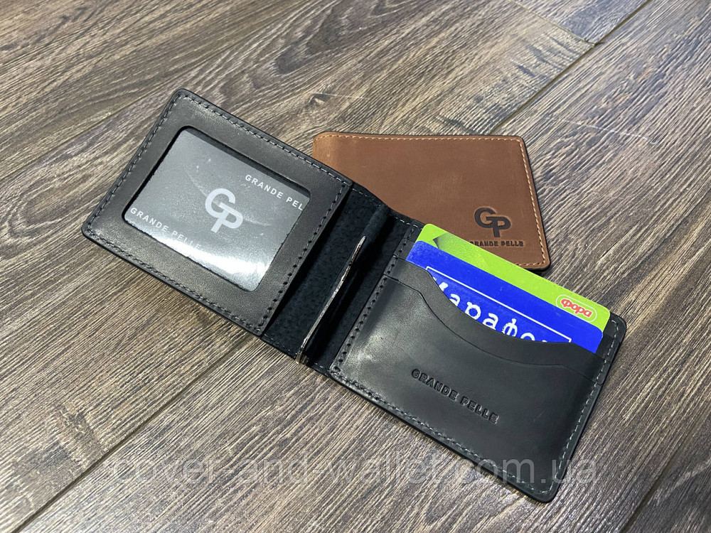 Стильний шкіряний затискач для грошей та карток ручної роботи чорного кольору Grande Pelle Київ - фото 1