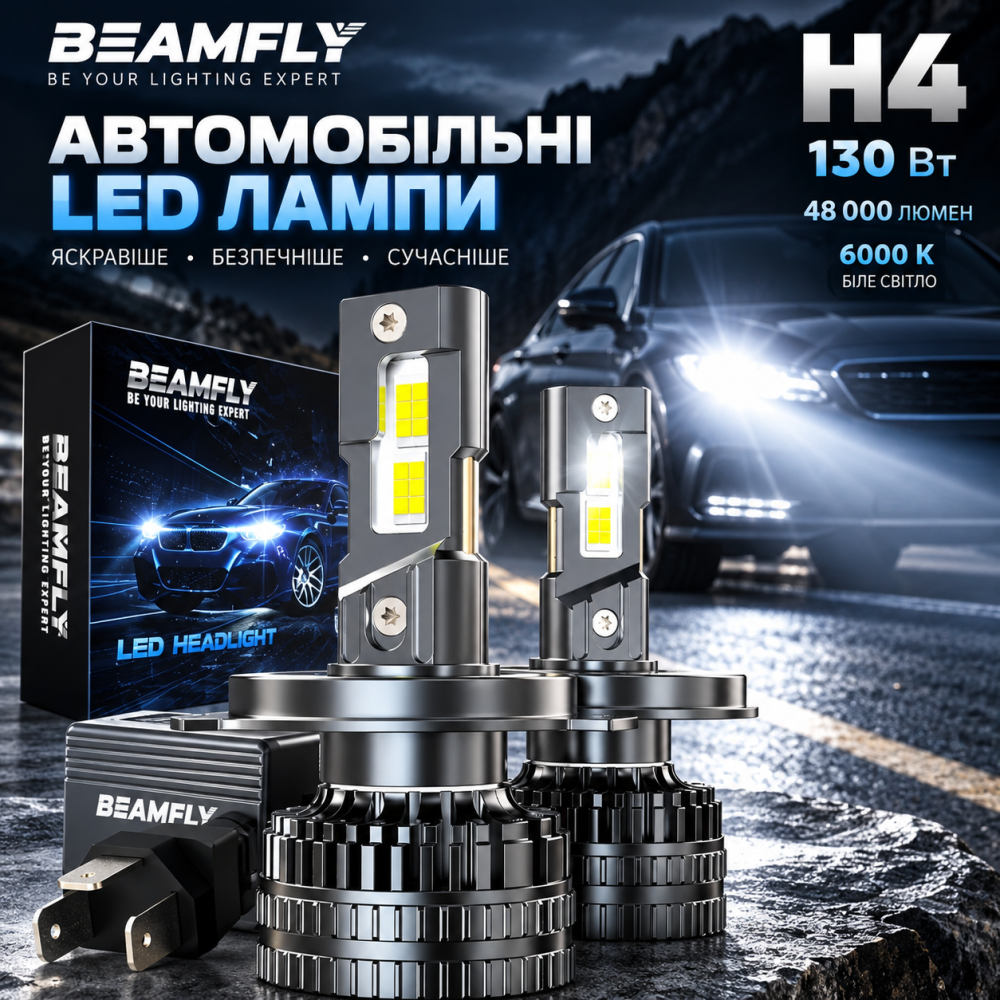 Світлодіодні автомобільні лампи H4 ПРОМІНЬ, 130 Вт, 48 000 люмен, 6000 К, біле світло, комплект 2 шт. Київ - фото 1