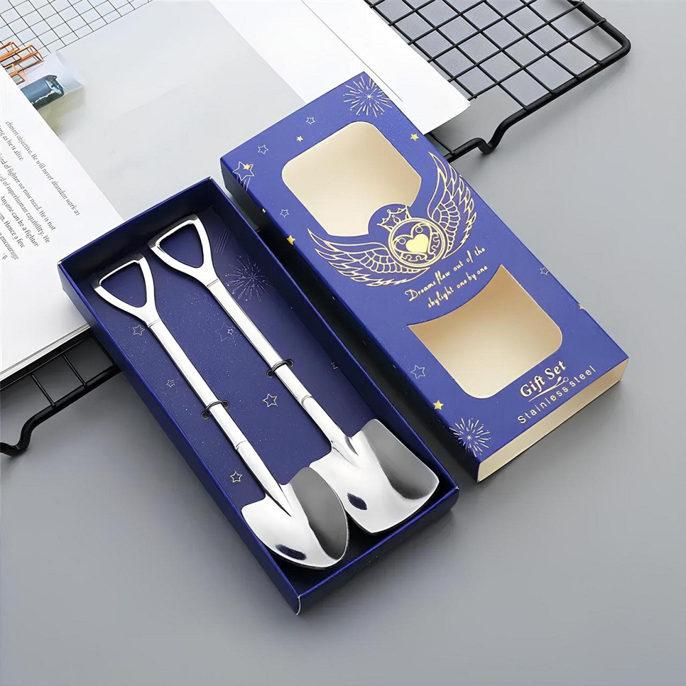 Набір чайних ложок RESTEQ у вигляді лопати з нержавіючої сталі, 2 шт, стильні сріблясті ложки Київ - фото 1