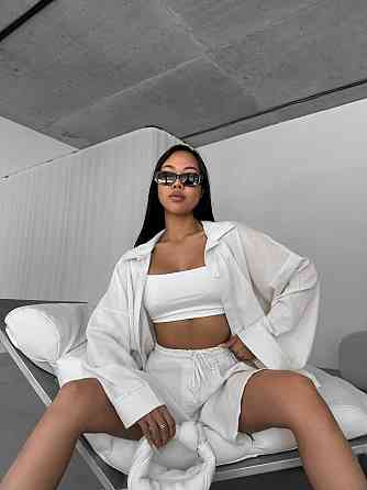 Жіночий літній прогулянковий оверсайз костюм двійка: сорочка і шорти льон Одеса