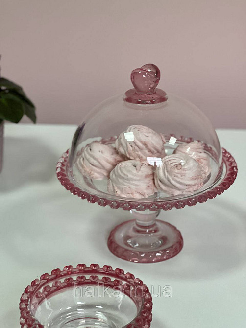 Тортівниця кришка+підставка для торта «Рожеве Серце» 19.5 см прозоре з рожевим обідком у вигляді серця Київ - фото 5