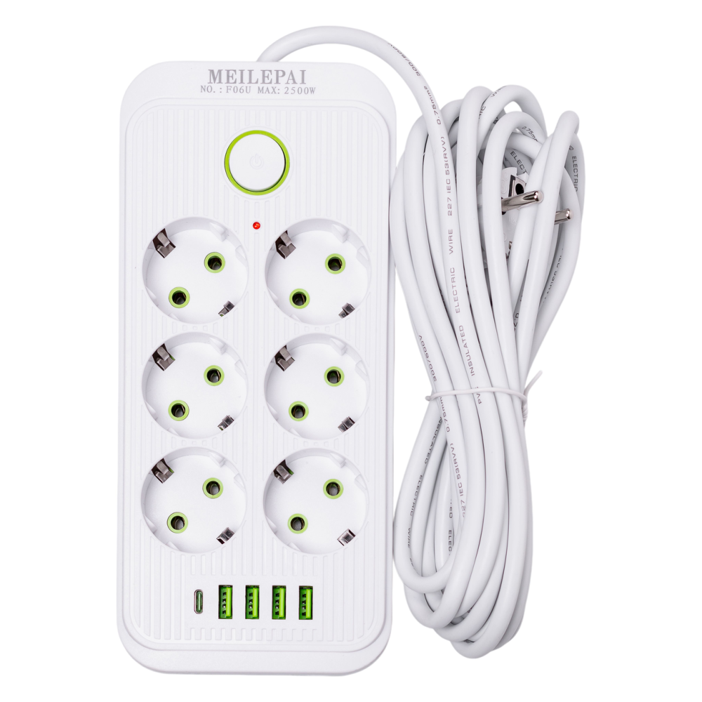 Yiwu Мережевий фільтр 5 м подовжувач F06U на 6 розеток 4 USB 1 Type-C та кнопкою відключення Бі Коломия - фото 1