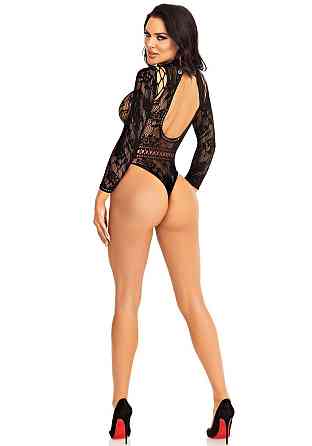 Боді Leg Avenue High neck lace bodysuit, One Size, чорне, довгий рукав, стрінги, квітковий малюнок Sex Aura Київ