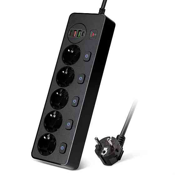 Мережевий фільтр BKL-505 1 QC3.0 + 1 PD20W + 1 Type-C + 1 USB, 100-250V, 13А, 5 розеток, чорний Кам'янець-Подільський