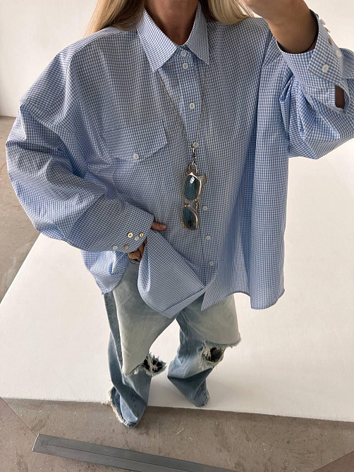 Женская стильная оверсайз рубашка с открытой спиной коттон Голубой Одесса - изображение 6