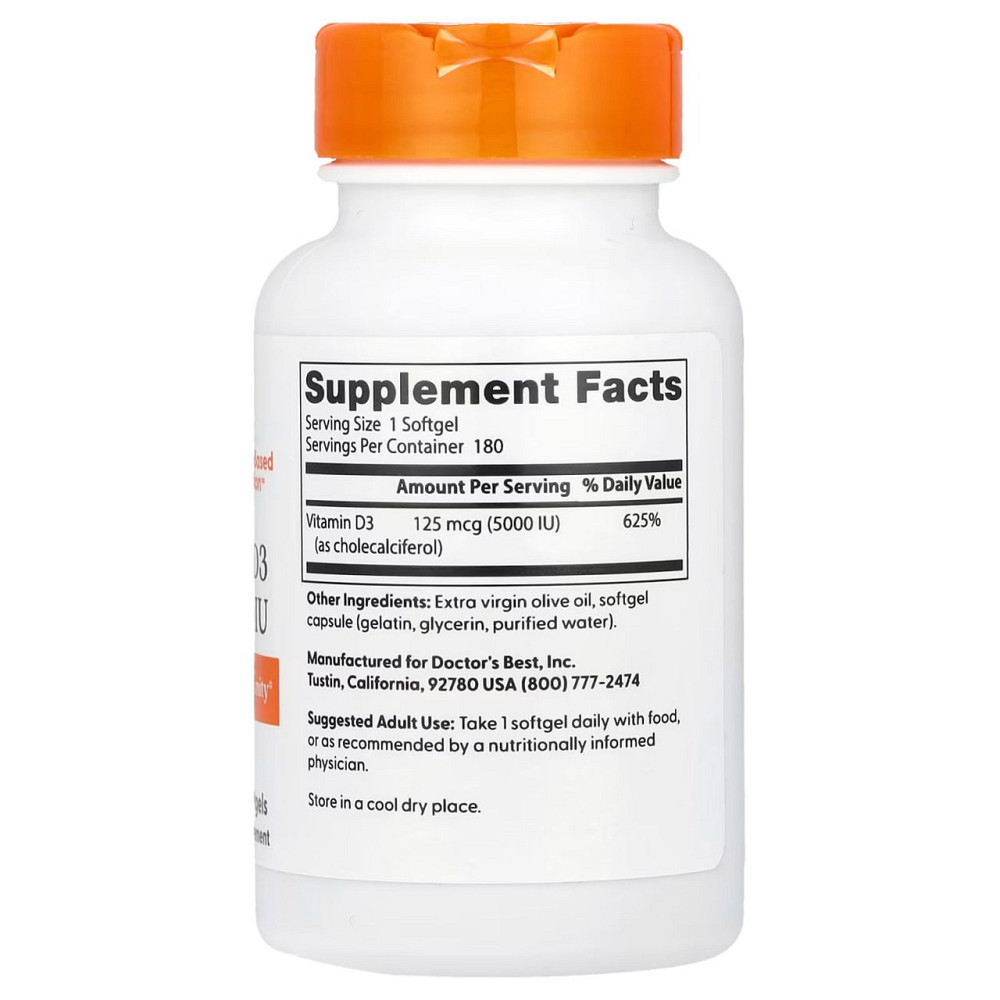 Витамин Д3, Vitamin D3, Doctor's Best, 125 мкг (5000 МЕ), 180 капсул Киев - изображение 2