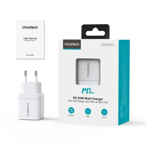 Мережевий зарядний пристрій Choetech PD6052 PD35W GAN A+C White (43-00128) Киев