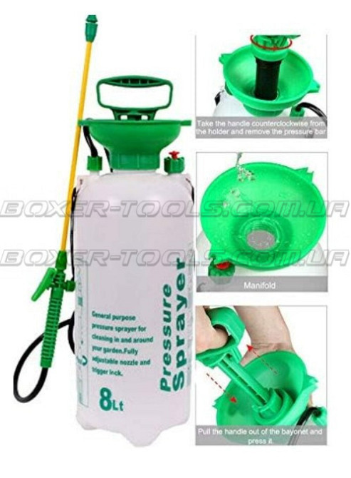 Пневматический ручной опрыскиватель FT-679, бак 8 л, полиэтилен, латунная насадка, запасные уплотнители, давление 2,5-3,5 бар Одесса - изображение 5